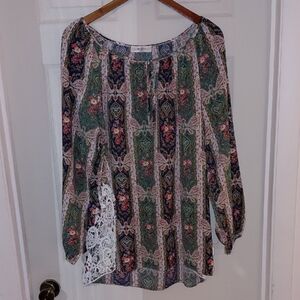 MoaMoa Woman Peasant Blouse, 1X, Paisley Stripes With Lace Side Inserts